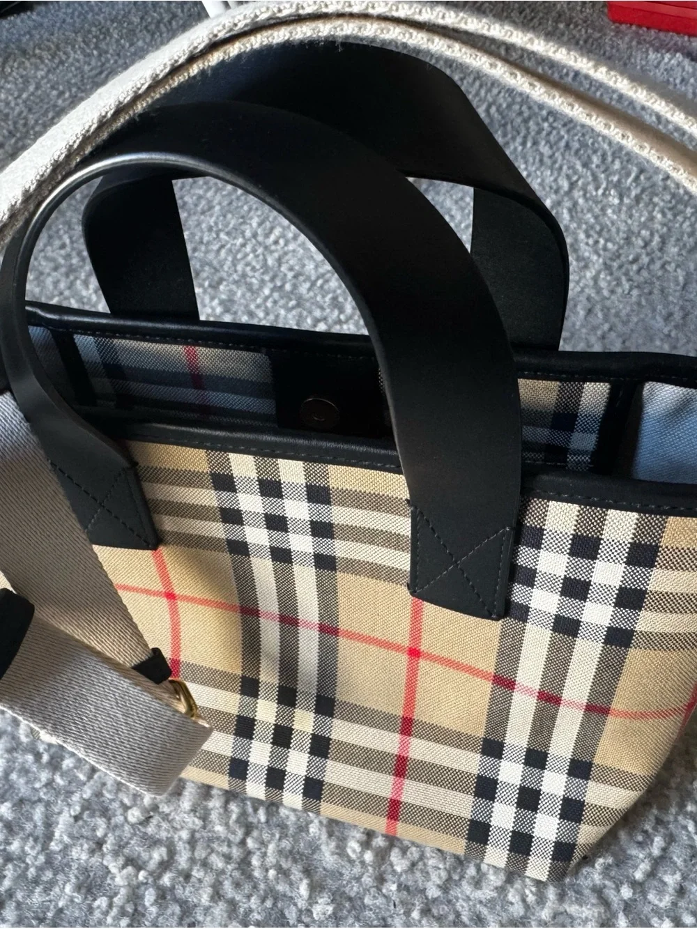 Burberry Beige Plaid Tote with Black Handles and Red Stripe